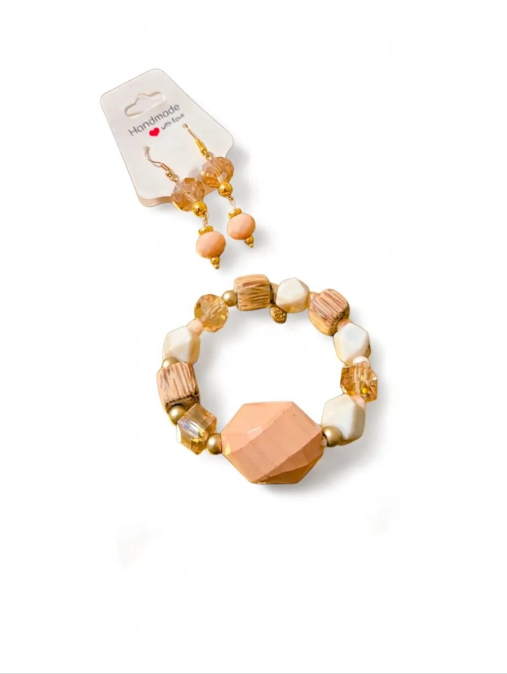 Set: Boho Beaded Bracelet in Peach & Gold With Matching Earrings- NWT